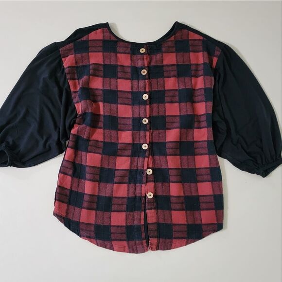 DayTrip Women's Black Balloon Sleeves Top with Buffalo Check Back - Picture 1 of 8